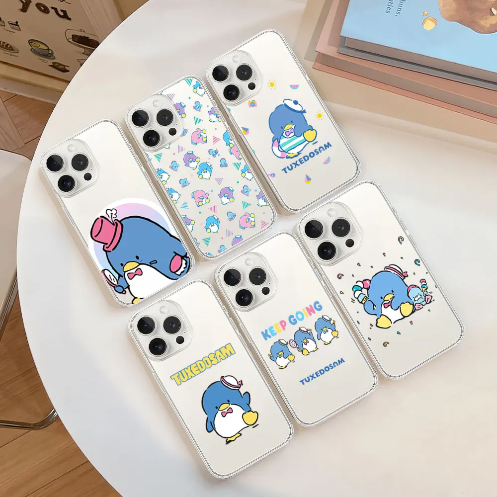 MINISO Penguin Tuxedosam Cartoon Phone Case for iPhone 11 12 13 14 15 16 Max Pro Plus Transparent Soft Shell