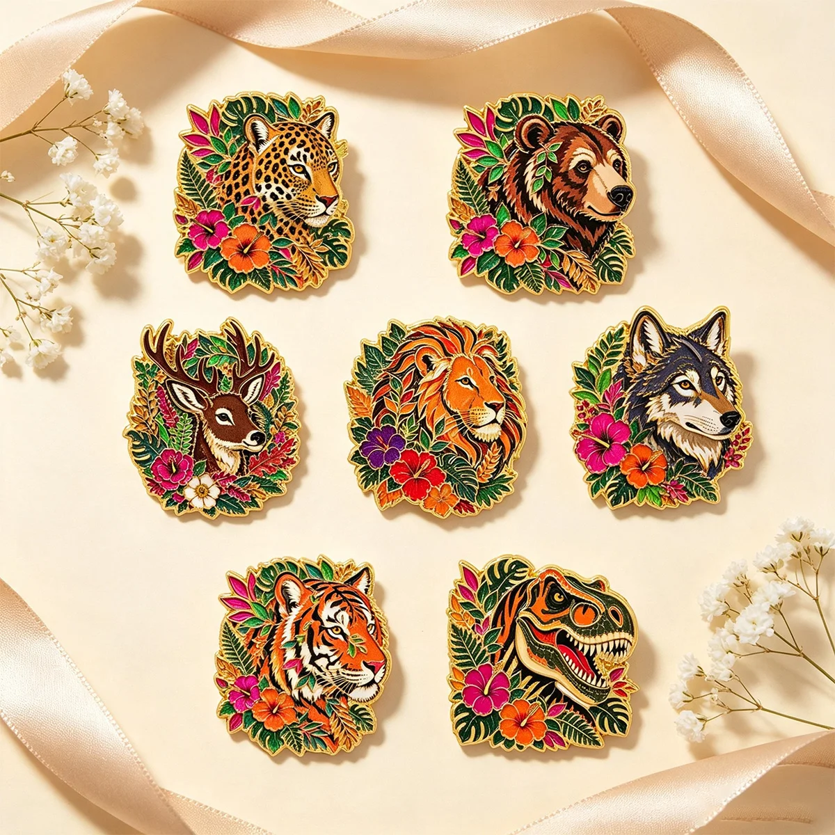 7-teiliges Set Blumen- und Wildtier-Emaille-Pins Löwe Tiger Dinosaurier Wolf Brosche für Kleidung, Aktentasche, Abzeichen, Rucksack, Geschenk für Freunde – Detail 2