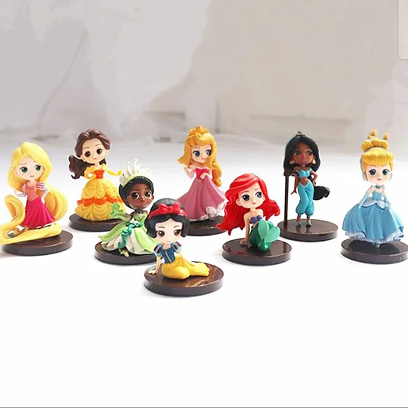 8pcs/set Disney Q Version Princess Cartoon Figures Doll Toys Snow White Rapunzel Ariel Cinderella Belle Mermaid Model Decoration