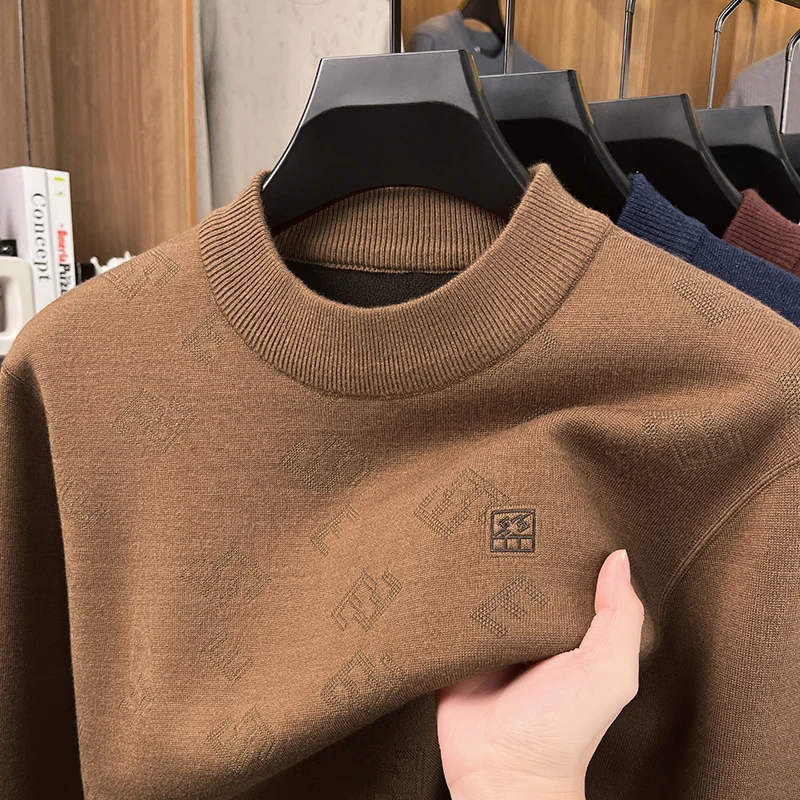 高級メンズ新秋長袖ニットプルオーバーラウンドネック刺繍保温高品質セーターレジャービジネストップス