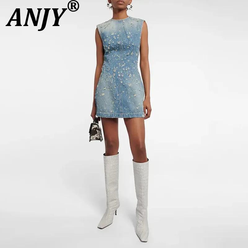 

ANJY, новое летнее женское модное джинсовое платье с круглым вырезом, без рукавов, с завязкой на талии, винтажное короткое платье High Street Y2K A9200