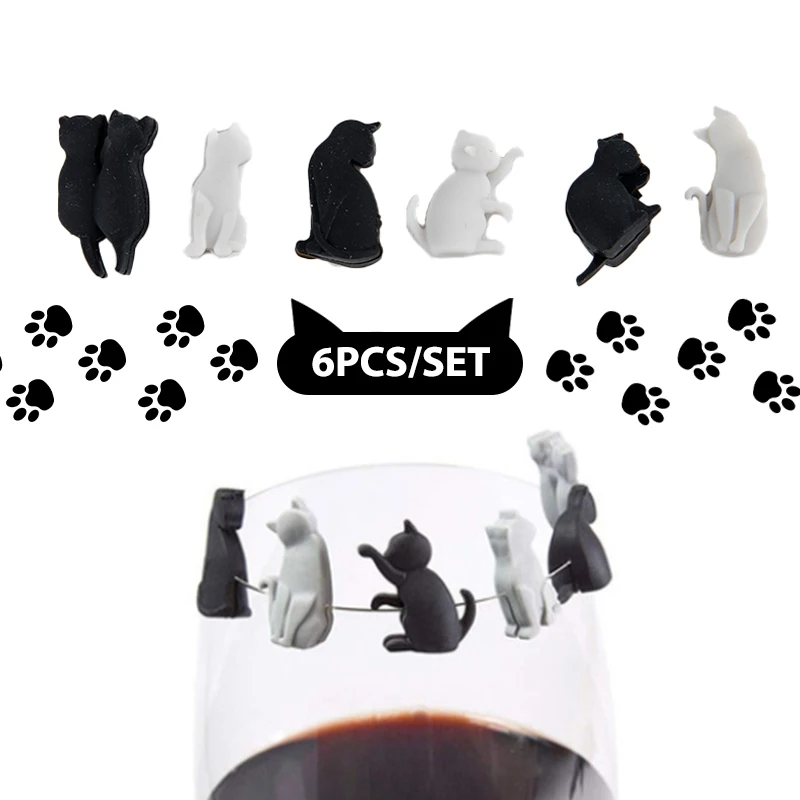 6PCS Silicone Cat Wine Glass Marker Cup Identification Ring Party Accessories