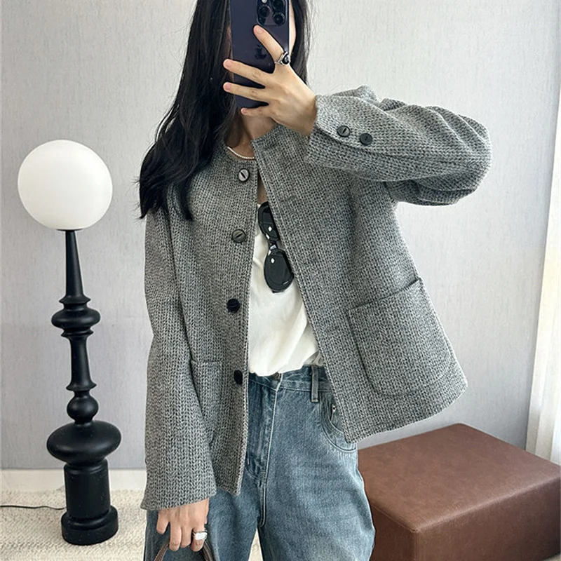 

2026 весна осень винтажный твидовый повседневный пиджак женское шерстяное пальто с круглым вырезом однобортный пиджак уличная женская верхняя одежда