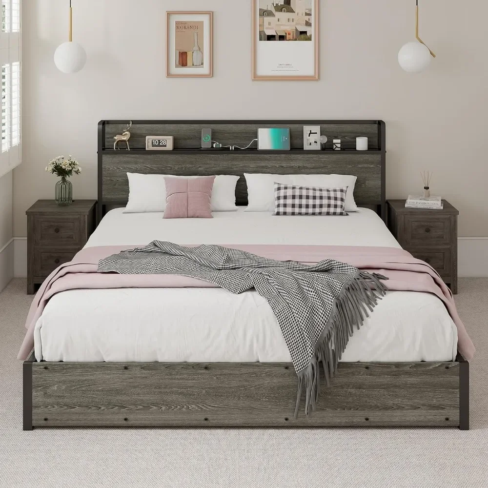 

Lift Up Storage Bed, Wood Platform Bed Frame with Storage Headboard & Charging Station, No Box Spring Needed, Bed Bases & Frames