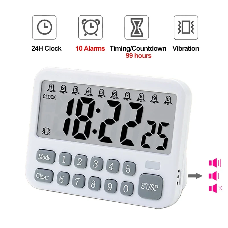 Digital Kitchen Timer 24H Clock 10-Alarms Clocks 99 Hours Countdown Mute/Vibration Magnetic Alarm Clock Table Timers for Cooking