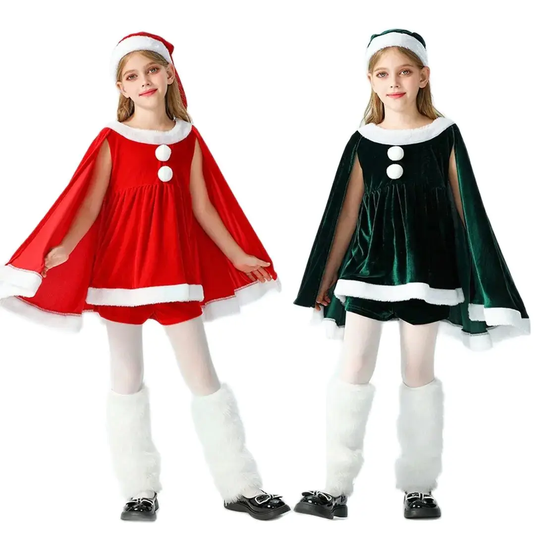 Christmas Children's Costumes Performance Women's Santa Red and Green Costumes Cape With Hat Cosplay Halloween Accessories Suit