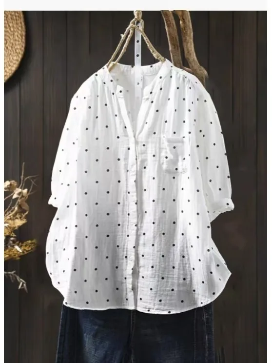 

Аутентичная хлопковая рубашка с V-образным вырезом и рукавом до локтя, повседневная, свободного кроя, женская, для ежедневной носки, комфортная, дышащая