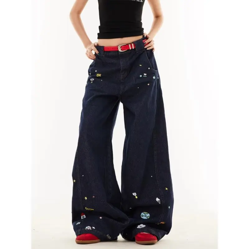 

Spring Retro Cartoon Embroidered Jeans for Women Washed Wide Leg Curved Knife Cut Casual Denim Pants