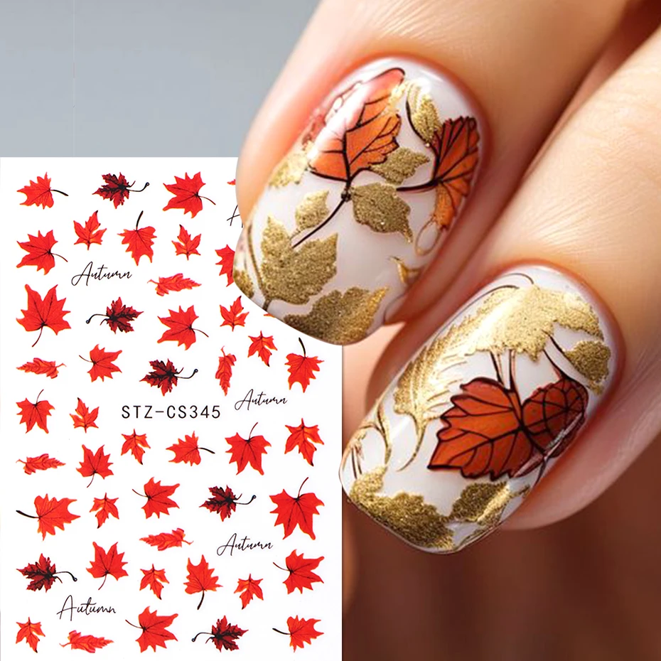 2pcs 3D Maple Leaf Nail Art Stickers Cartoon Red Leaf Fall Tree Leaves Autumn Brown Nail DIY Manicure Decoration Tips