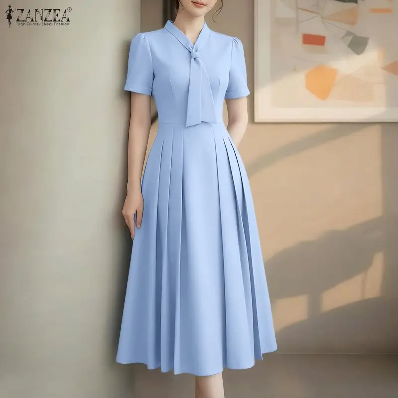 ZANZEA Elegante Bürodame-Kleider für Damen, 2026, Sommerkleid, stilvoll, A-Linie, tailliert, Party-Sommerkleid, kurze Ärmel, plissiert, Midi-Robe