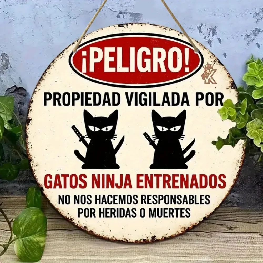 2D Fun Ninja Cat Round Wooden - Retro Spanish Danger Sign, Suitable for Home, Door, Office, Cafe, Courtyard Decoration, Gift