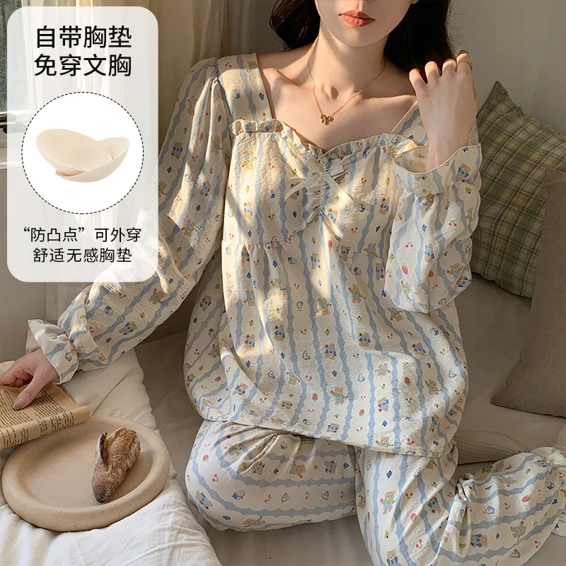 

2 Pieces Set Women's Sleepwear with Bra Pad Pullover Nightwear Autumn Pajamas Set Plus Size 2XL Home Clothes Female Pijamas Suit