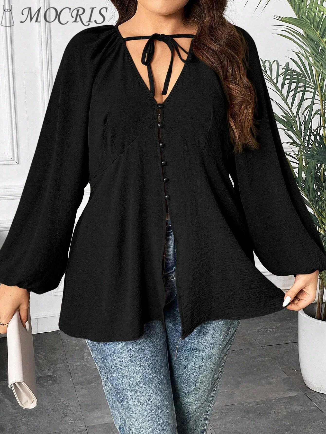 

Elegant And Pretty Trumpet Sexy Fashion 2024 Plus Size Women's Blouses V-neck Casual Long Shirt Sleeves Clothing Free Shipping