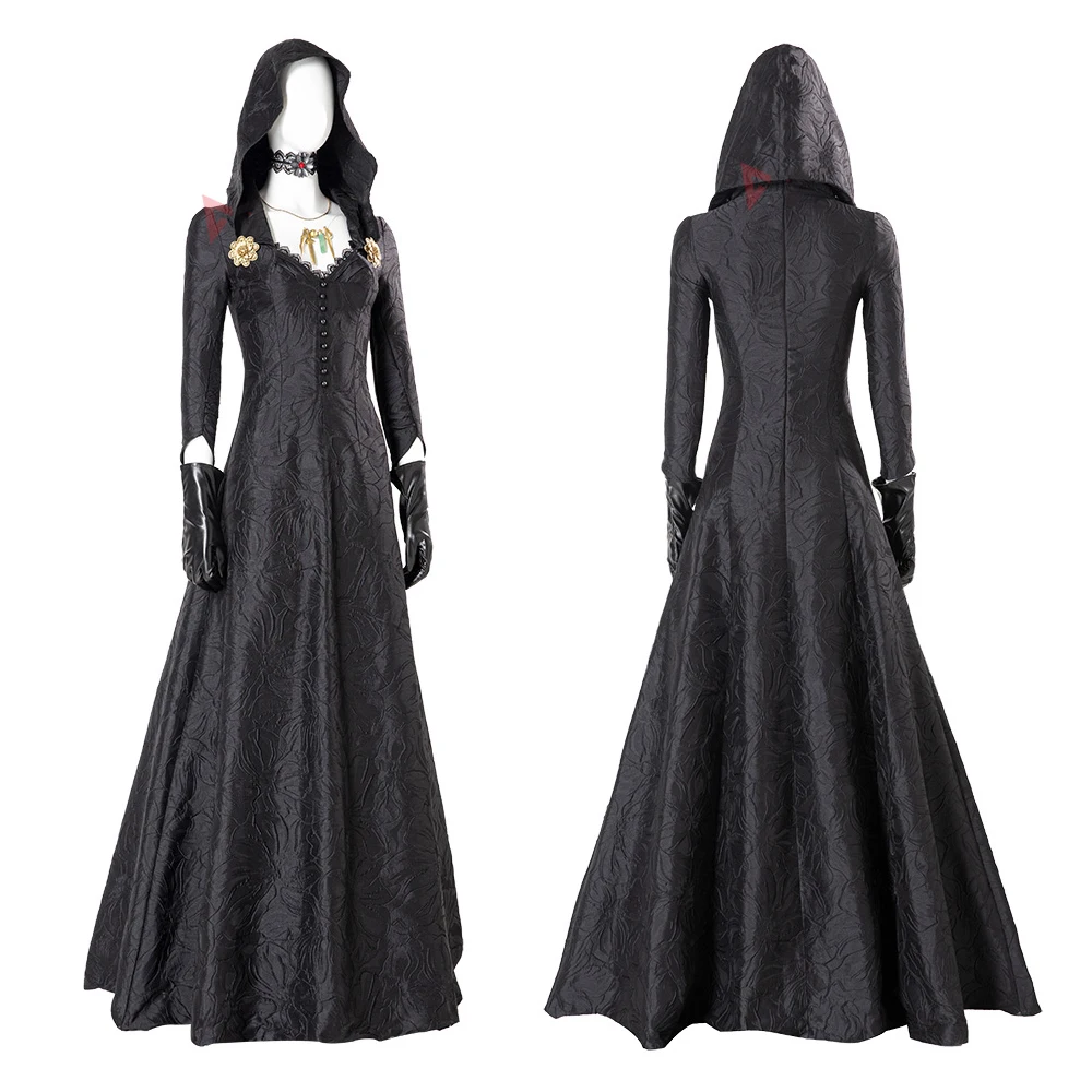 Nieuwe Dame Dochter Bela Dimitrescu Cosplay Kostuum Zwarte Jurk Cape Handschoenen Fancy Women Set Voor Kerst Game Party Custom Made