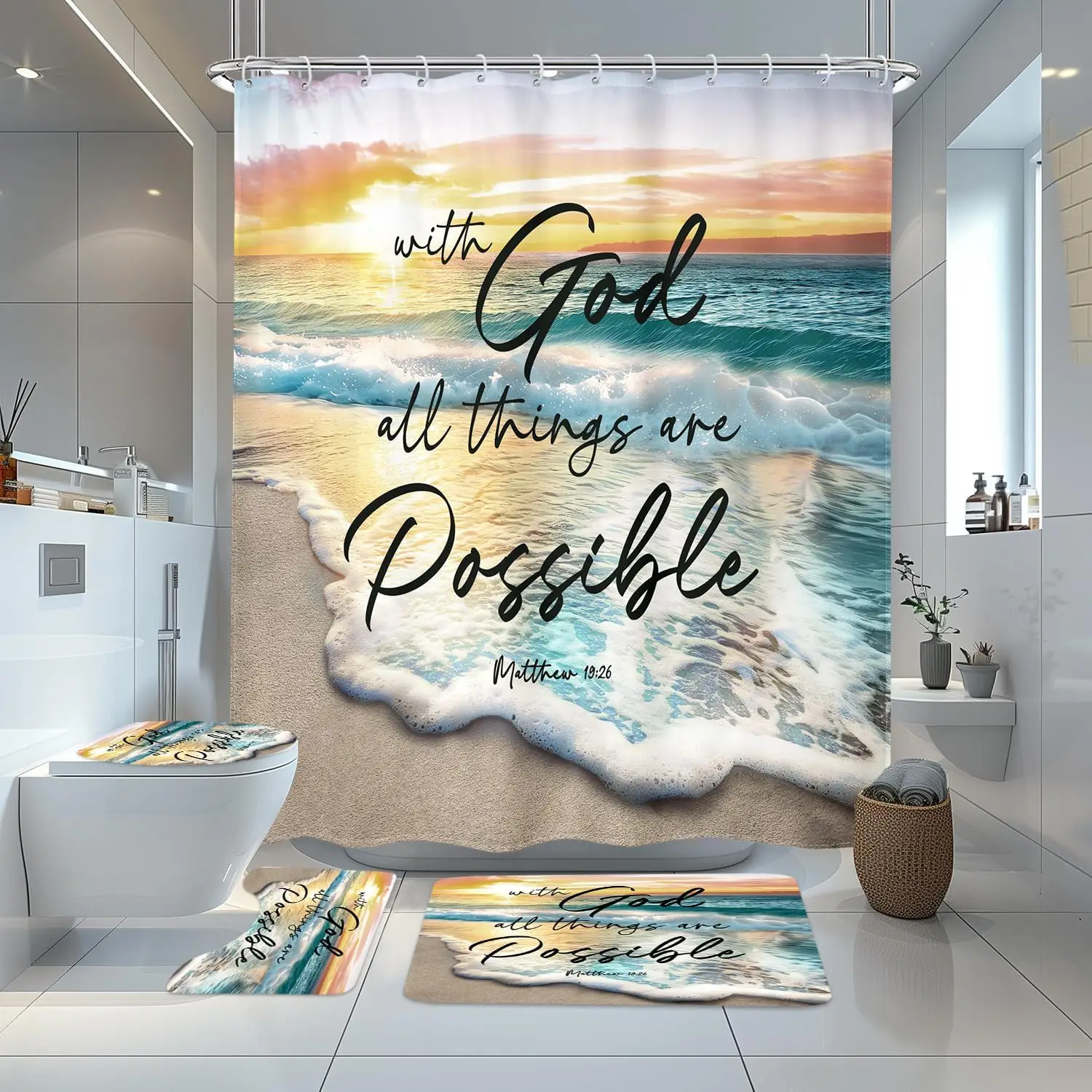 

4 шт., пляжный океан, библейский стих, набор занавесок для душа, дюймовый восход солнца, закат Священное Писание, вдохновляющий приморский берег