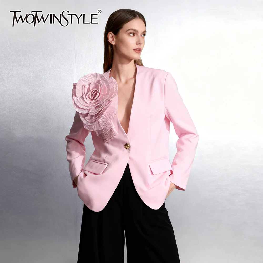 

TWOTWINSTYLE Solid Spliced 3D Flower Fashion Blazers for Women V Neck Long Sleeves Tunic Temperament Blazer Female Clothing New