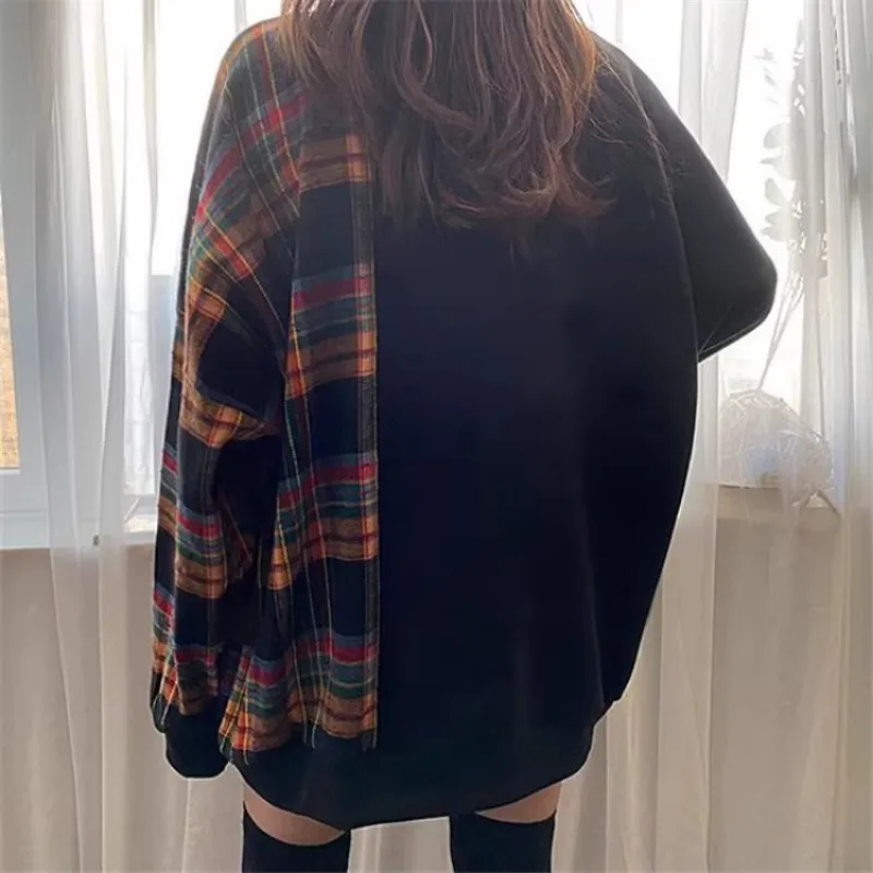 Korean Fashion Hoodies Plaid Patchwork Long Sleeve Casual Loose Sweatshirts Spring Autumn All Match Design Women\'s Clothing 2024