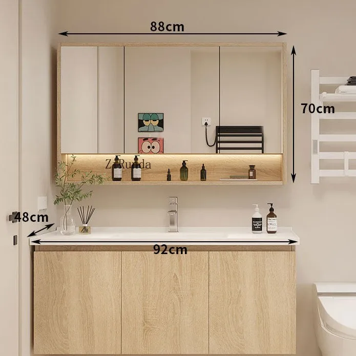 Conjunto de combinação de armário de banheiro estilo log de luxo simples e leve, pia de banheiro integrada de cerâmica