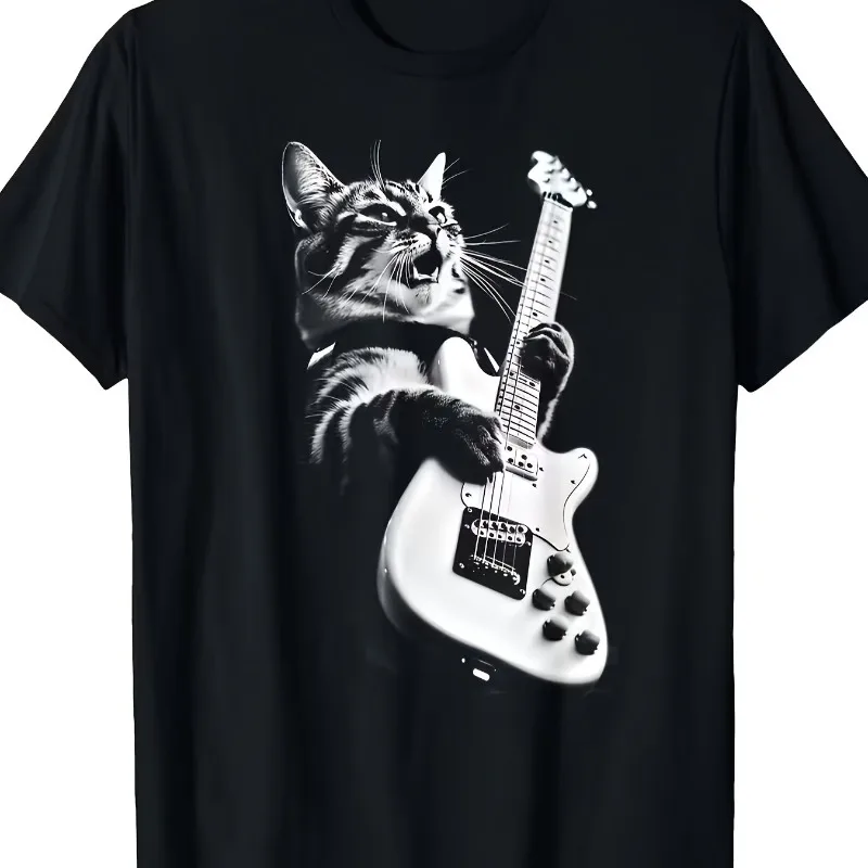 Men's Fun Rock Cat Playing Guitar Pattern T-shirt Men's T-shirt Summer New Unisex T-shirt