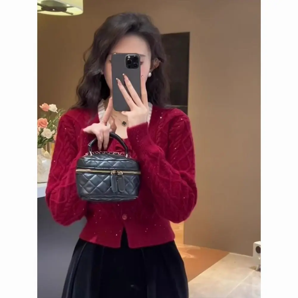 Chaqueta suéter con lazo de encaje francés para mujer, cárdigan de punto holgado y a la moda, Top corto, primavera y otoño