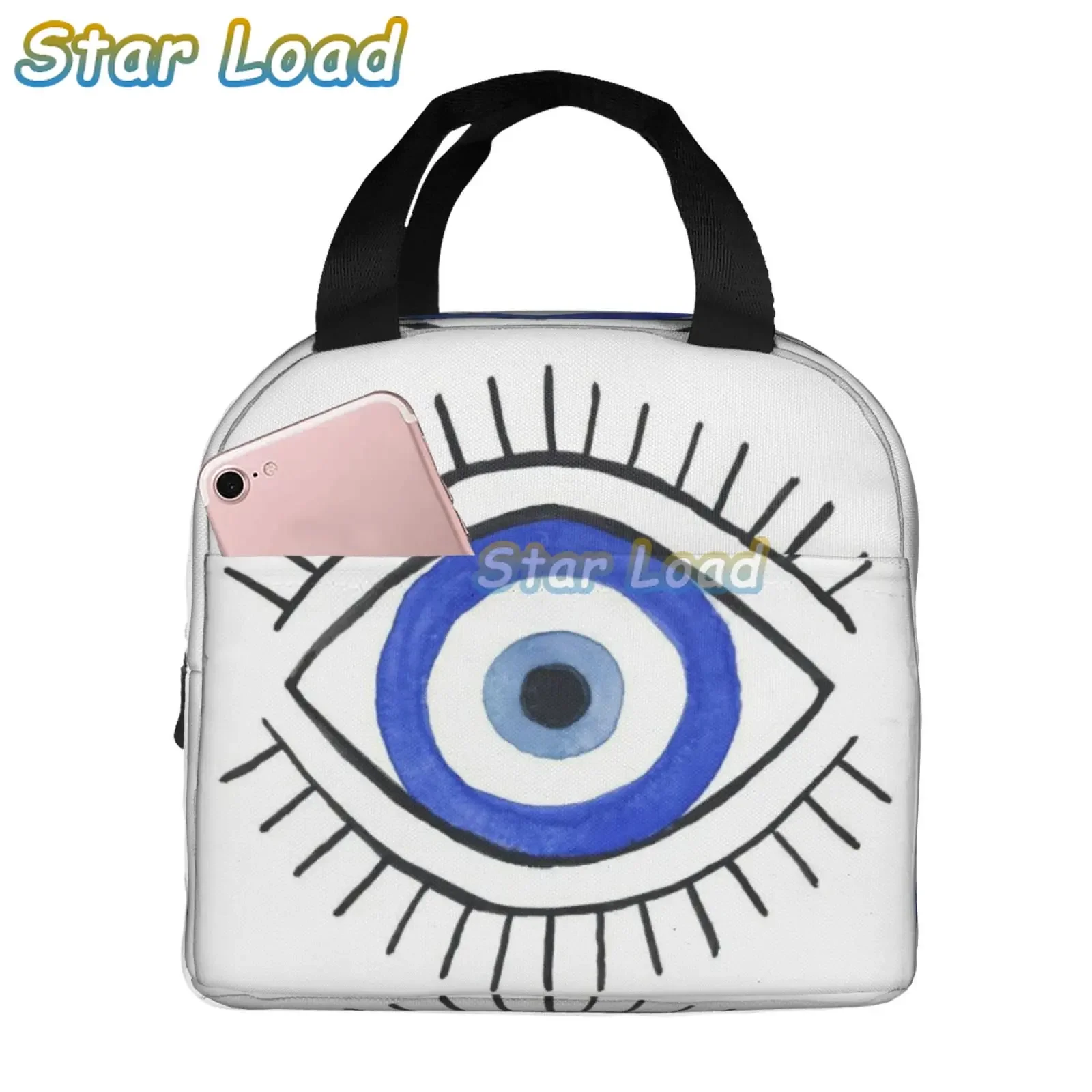 Navy Blue Aqua Nazar Evil Eye Lucky Charm Insulated Lunch Bag Amulet Boho Cooler Thermal Lunch Box Tote Office Picnic Travel