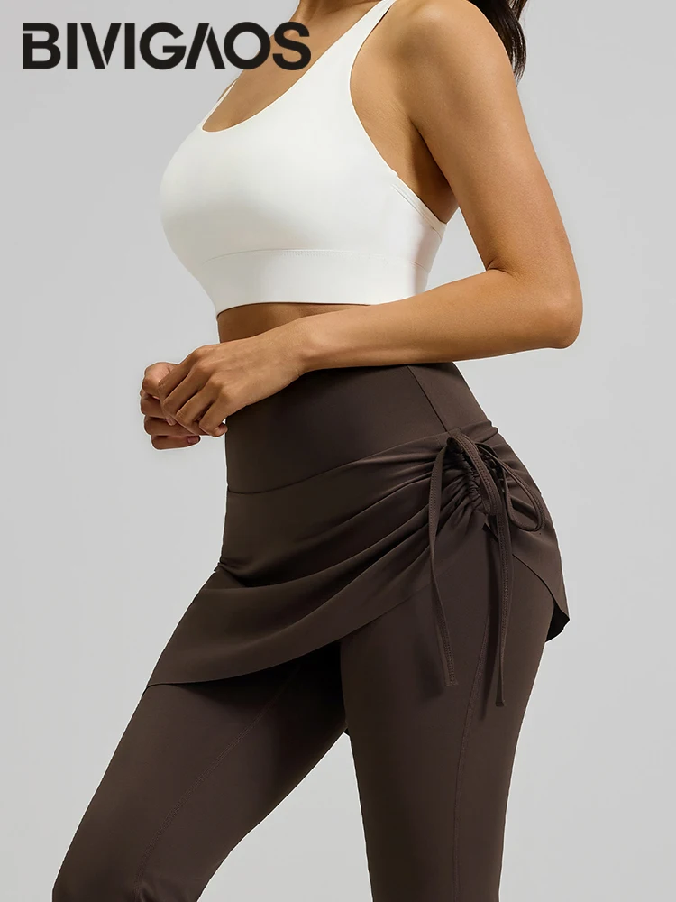 BIVIGAOS nouveau printemps cordon plissé Yoga Leggings jupe pantalon faux deux pièces femmes taille haute élastique sport Fitness Leggings