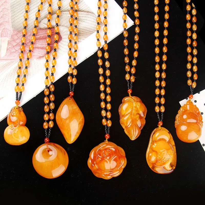 Chinese Yellow Beeswax Sweater Necklace Water Drop Flowers Gourd Leaves Amber Pendant Necklace Men Women Jewelry Sweater Chain