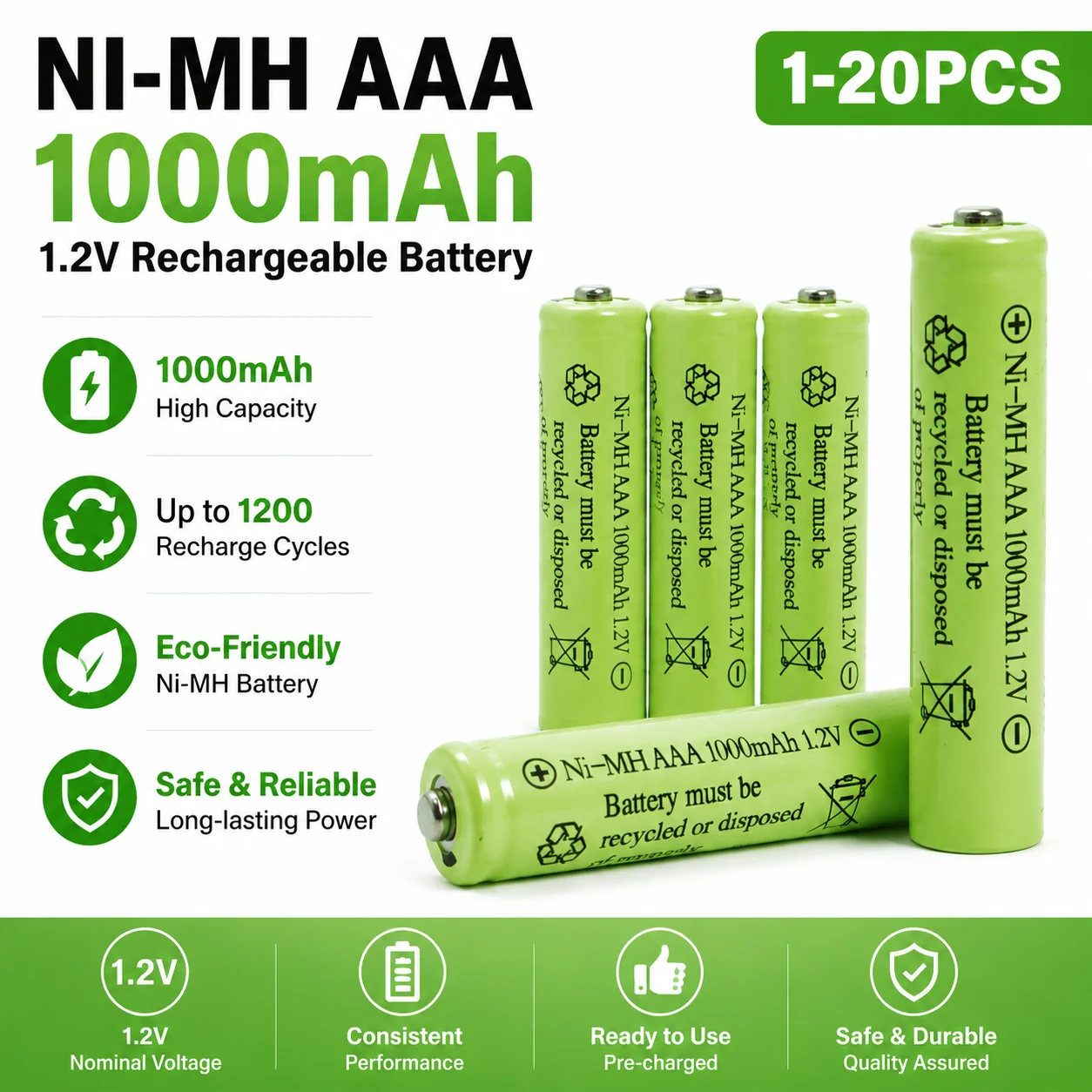 Rechargeable AAA Batteries 1.2V 1000mAh Ni-MH Pre-Charged, Long Lasting for RC Car, Solar Light, Remote, Mouse, Electronic Toys