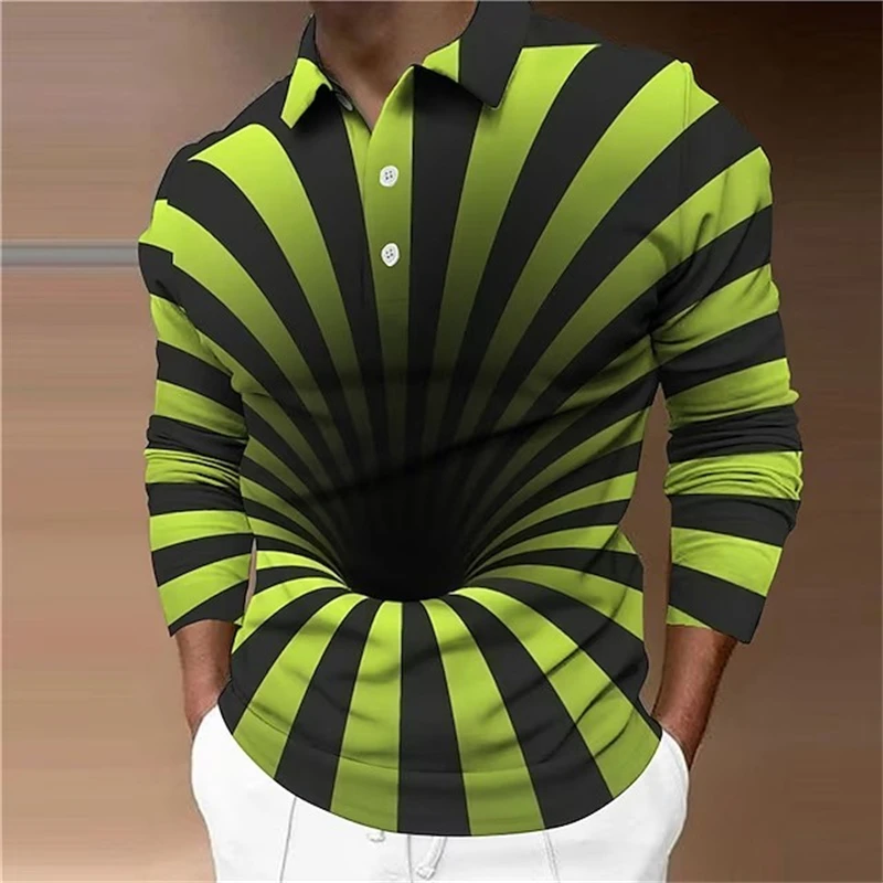 New Optical Illusion 3D Graphic Prints Button Turndown Long Sleeve Polo Shirt Men Clothing High Quality Male Casual Shirts Tops