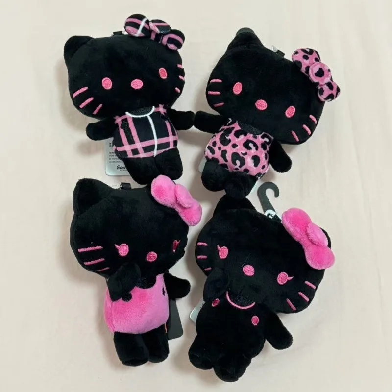 Sanrio All black Hello Kitty fluffy plush toy Keychain Kawaii Cartoon black pink Kitty Bag Car key ring Girly Plush Coin Purse