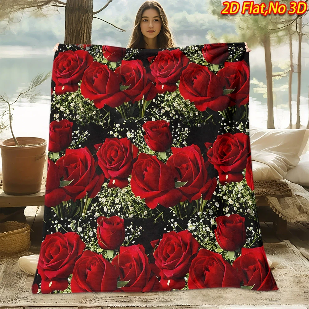 1pc 2D Flat Printing Spring And Summer New Arrival Red Rose And 'S Breath Pattern Digital Print Blanket, Throw, Soft And Comfort