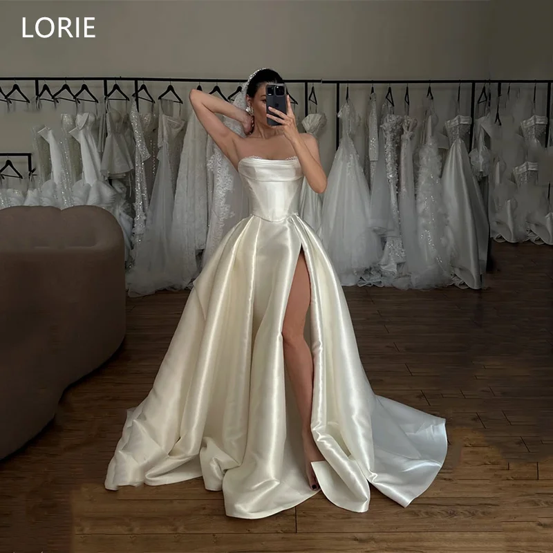 

LORIE Ivory A-Line Wedding Dresses Strapless Side Silt Bride Prom Gown Sleeveless Floor-Length Pleat Bridal Gown Customized