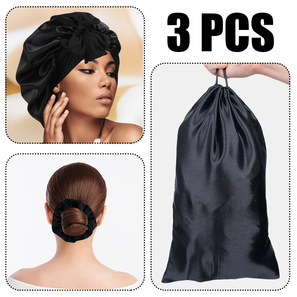 Satin Bonnet for Sleeping with Storage and Hair Scrunchies -  Hair Care Cap with Adjustable Headband