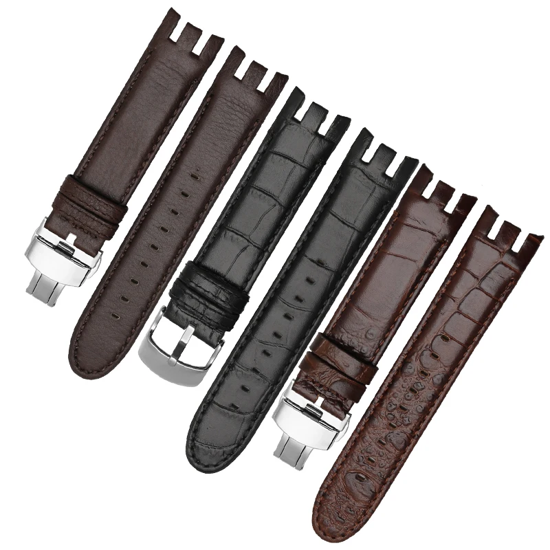 For Swatch Yrs403 412 402G Genuine Leather 21mm Watch Band Butterfly Buckle Waterproof Soft Accessories Curved Interface Wrist