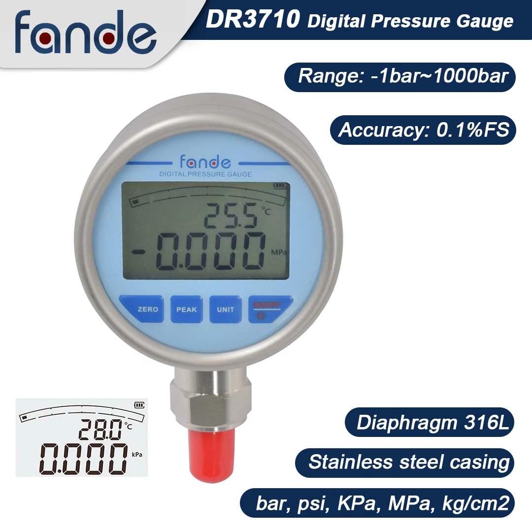 Fandesensor Digital Air Oil Pressure Gauge Precisão 01 Diafragma 316l Backlight Medidor de Pressão de Água de Combustível Aço Inoxidável