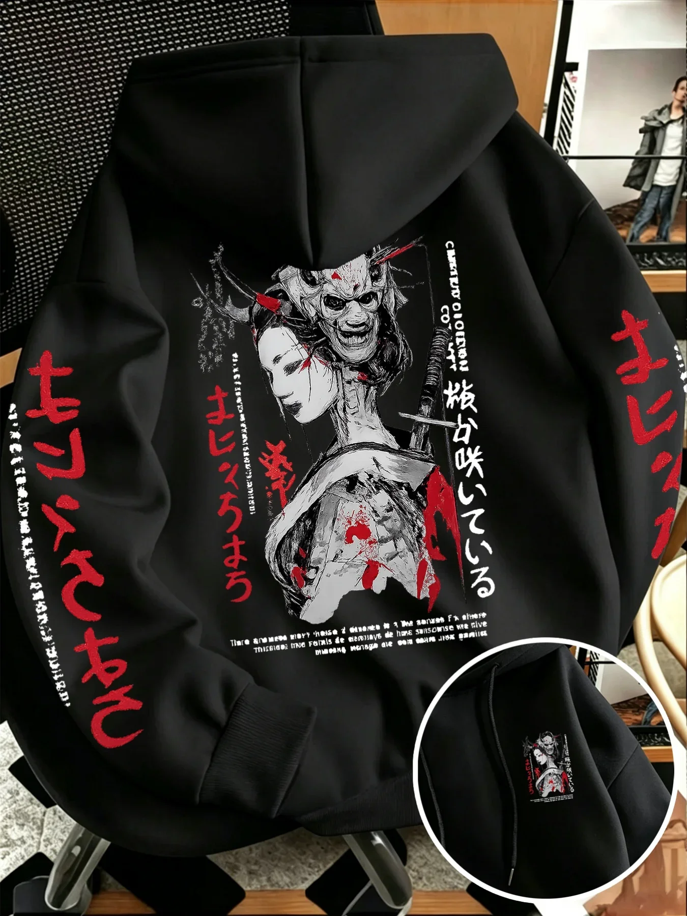 Japanese Geisha Oni Mask Samurai Graphic Hoodie Back Sleeve Print Harajuku Streetwear Unisex Oversized Pullover Hoodie
