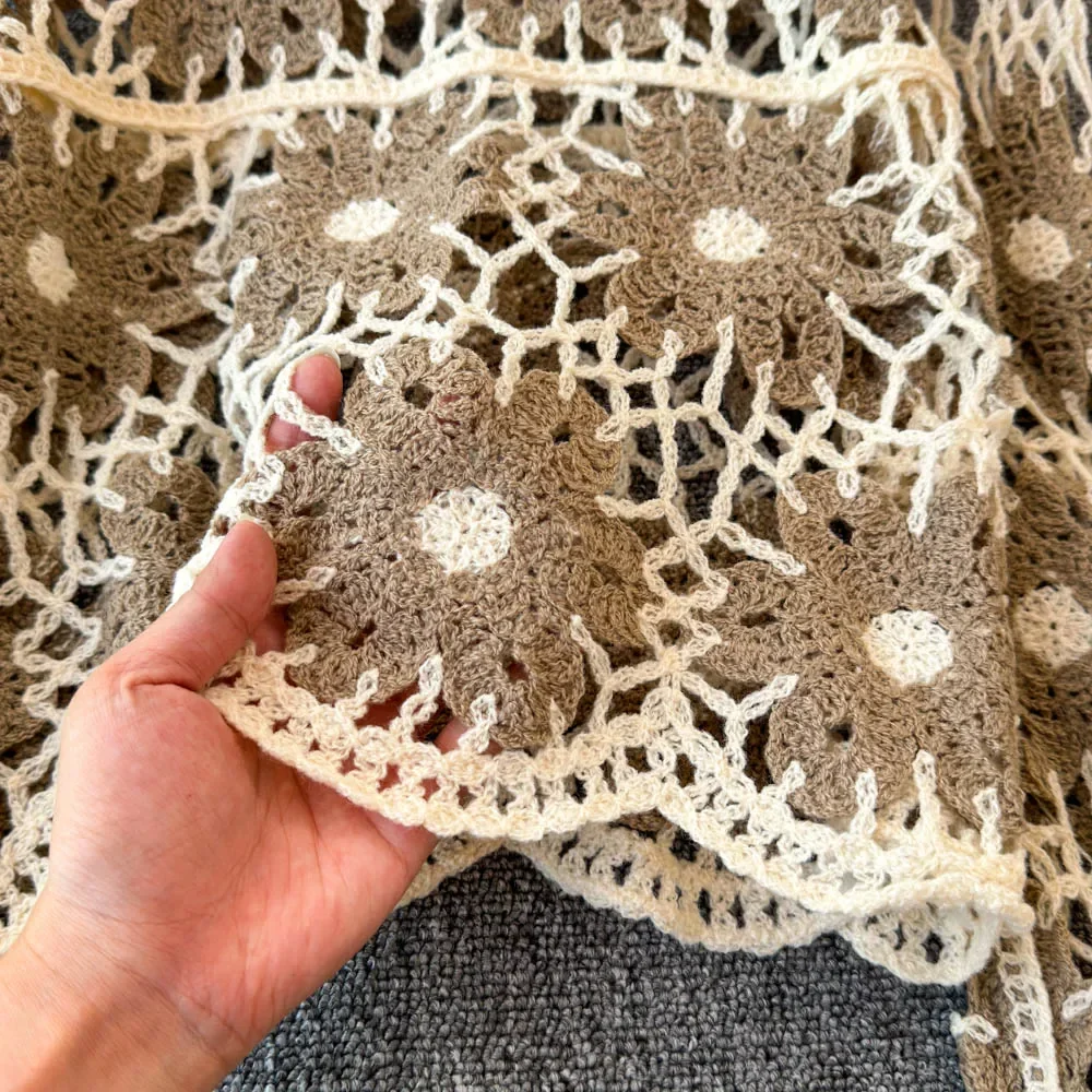 Вязаный крючком топ с цветочным принтом для женщин, ажурный ажурный укороченный свитер с длинными рукавами и ромашками, пуловер, богемный пляжный наряд для отдыха