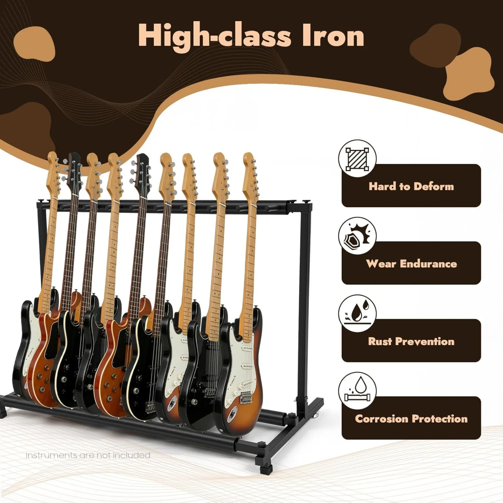 Supporto Pieghevole per Chitarra a 9 Scomparti con Protezione in Spugna, Rack per Chitarra e Basso Nero, Stile Moderno