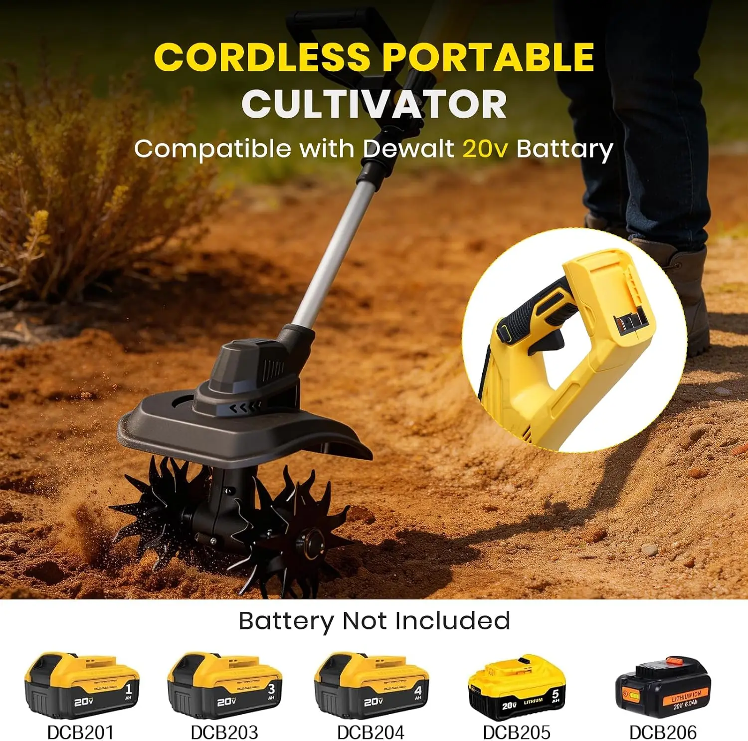 Cordless Garden Tiller Cultivator, 20V Battery Compatible (Tool Only), 9-Inch Tilling Width, 6.6-Inch Tilling Depth, 360RPM Brushless Electric Rototiller for Lawn, Gardening and Soil Cultivation
