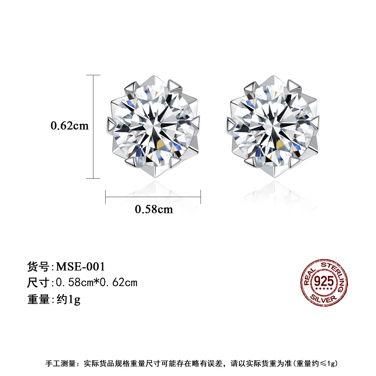 1CT Moissanite Stud Earrings, DF Color Ideal Cut Lab Created Diamond 6P 925 Sterling Silver Earrings for Women Gift