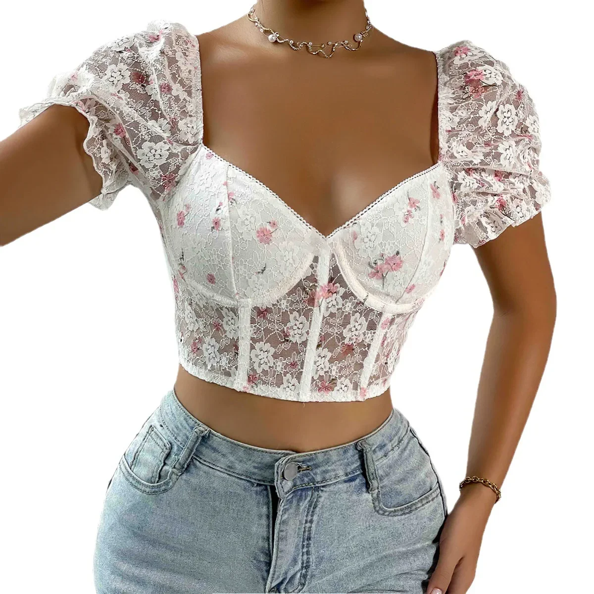 ISAROSE Lace Crop Tops for Women Sexy Breathable Stretch Low Cut Short Puff Sleeves Mesh Back Party Night Club Corset Tank Tops