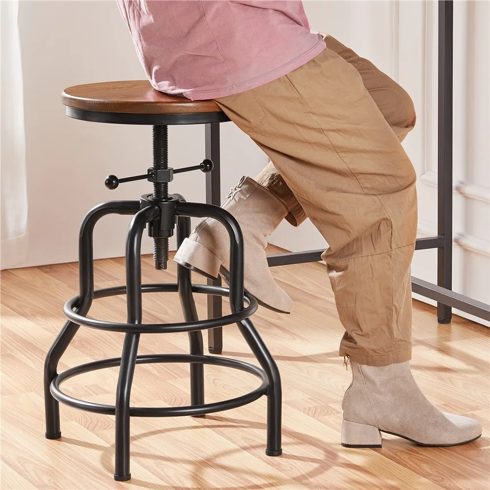 

ndustrial Rustic Swivel Counter Height Metal Bar Stool Adjustable with Round Wood Seat for Kitchen Island