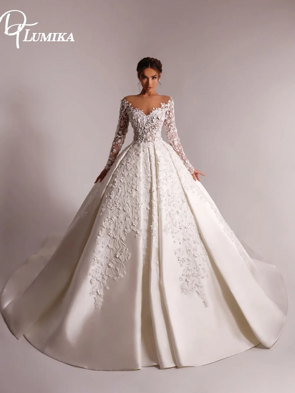 

Luxurious Off the Shoulder Wedding Dress Long Sheer Lace Sleeves Open Back Floral Lace Applique Voluminous Vestidos De Novia