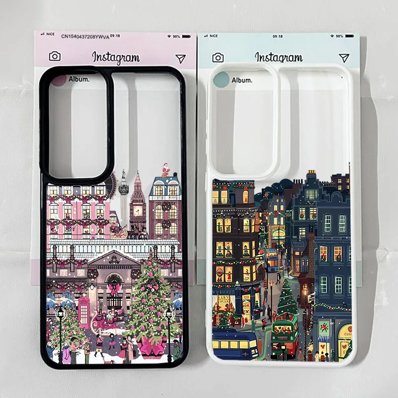 Winter Cartoon Christmas Snow Scenery Phone Case for Samsung Galaxy S25 Ultra S24 S23 Plus New Year Shockproof Hard Cover Coque