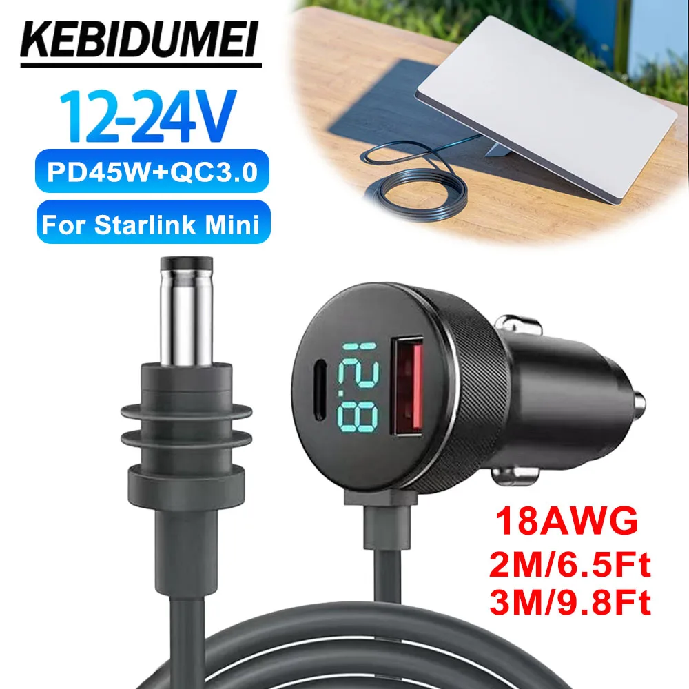 2M/3M 18AWG DC Power Cable 12V-24V For Starlink Mini,PD45W+QC3.0 Dual Charger Outlet Waterproof with Voltmeter