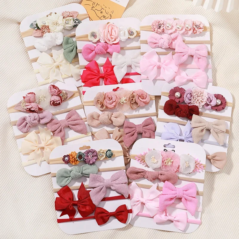 

Sweet Elastic Headbands for Baby Girl New Bowknot Knit Nylon Headbands 5Pcs/set Pretty Flower Hairbands Decoration Headwear