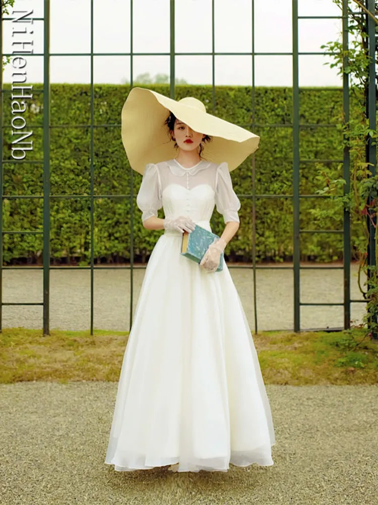 Robe de mariée vintage à demi-manches, robes de patients A-ligne, blanc, élégant, quoi que ce soit