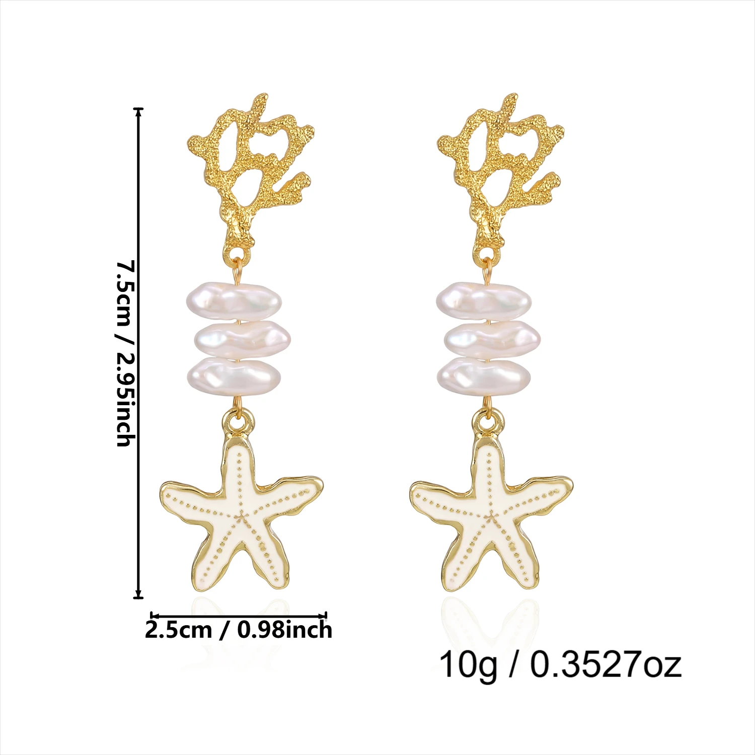 Goldfarbene Korallen-Seestern-Ohrhänger für Damen, trendige weiße Emaille, glänzende Imitationsperlen-Tropfenohrringe, hübscher Strandschmuck – Detail 13