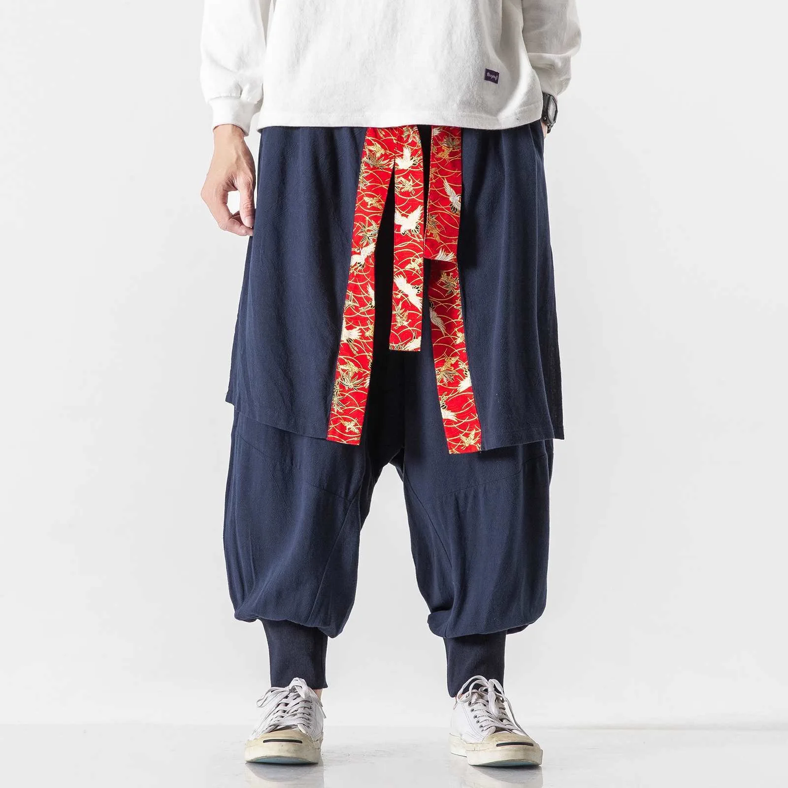 Male Chinese Linen Crane Ribbon Martial Arts Skirts Pants Men Vintage Loose Hanfu Harem Trousers Trendy Ins Chic Retro Pantalon