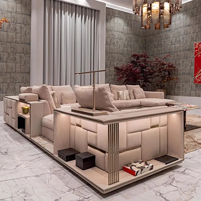 Italian light luxury first layer leather living room corner combination